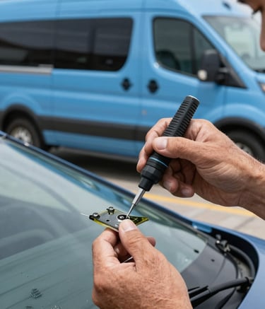 Close-up of a technician's hands applying a resin to a small windshield chip using specialized tools. An ocean steel blue mobile service van is visible in the background in a North American / US setting.