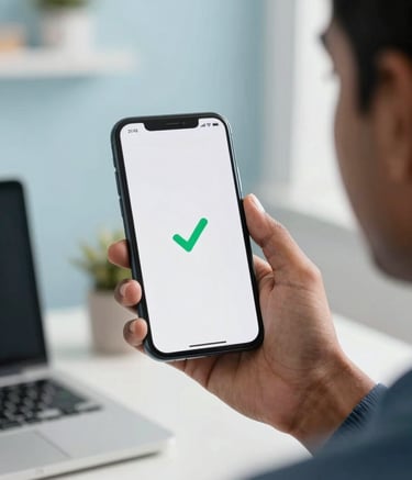 A close-up photograph of a South Asian / Indian person holding a modern smartphone. The screen displays a clear payment confirmation message with a checkmark. The background is a clean, bright home office with soft blue and white tones, creating a sense of financial security and success.