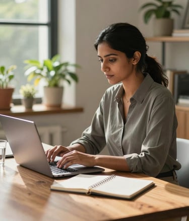 A professional photograph of a South Asian / Indian female freelancer working on a laptop at a comfortable, modern wooden table. She is wearing a smart-casual outfit. Beside her is a notepad and a glass of water. The room is filled with natural sunlight and indoor plants, representing a peaceful remote work environment.