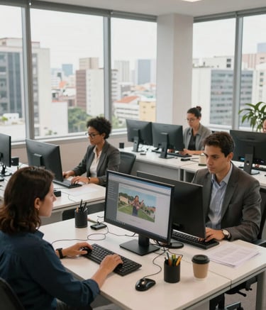 Wide shot of a contemporary tele-consulting floor in a Brazilian business center. Group of South American / Brazilian professionals working at clean, white desks with high-tech equipment. Large windows showing a cityscape of São Paulo, bright morning lighting, professional and calm atmosphere.