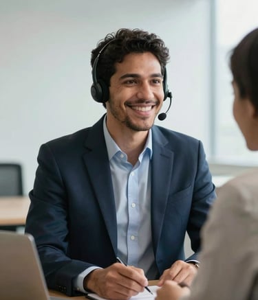 Medium shot of a South American / Brazilian professional consultant in a sharp dark navy suit using a modern headset, smiling warmly while talking to a client. The background is a clean, bright minimalist office in Brazil with soft natural light and subtle sky blue accents.