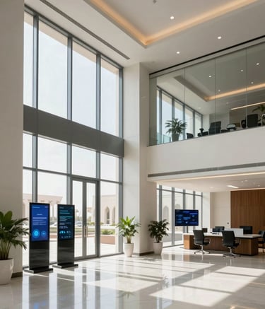 Wide shot of a sleek, modern corporate office interior in Muscat with Middle Eastern / Gulf architectural accents, featuring large glass windows and high-tech digital displays, bright natural lighting, reflecting a professional and innovative atmosphere.