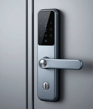 A close-up, high-detail shot of a sleek, modern electronic smart lock mounted on a robust steel door. The lighting is crisp and cool, emphasizing meticulous craftsmanship. The color palette features the professional #A8C3CC and #1A2E35 tones, projecting confidence and modern security expertise.