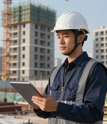 A construction manager wearing a clean off-white hard hat and a deep navy blue safety vest holding a tablet on a modern construction site. In the background, a new residential development rises under a clear sky.
