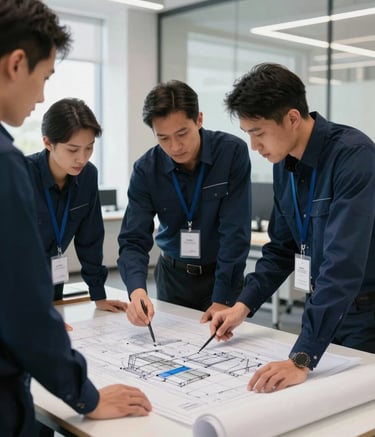 A professional and modern collaborative workspace where engineers in deep navy blue attire are reviewing detailed soft silver-blue blueprints on a clean off-white desk. The lighting is bright and sophisticated.