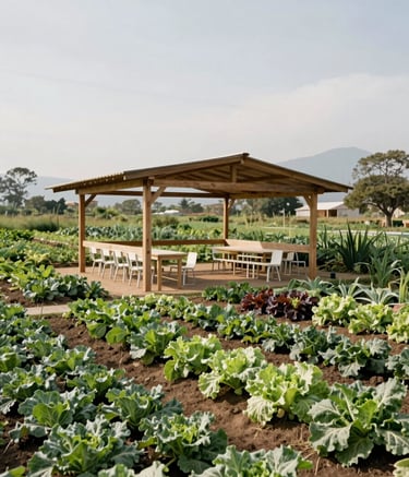 An outdoor classroom setting in a lush green farm in San Vicente, Nayarit. A wooden teaching pavilion surrounded by flourishing organic vegetable rows under a bright North American / Mexican sky. High-quality landscape photography with medium green and off-white accents.