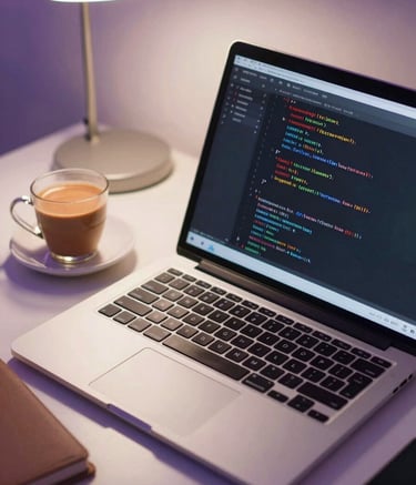 A close-up photograph of a professional workspace in Lahore, Pakistan, featuring a high-end laptop with code on the screen. Beside it is a warm cup of chai and a notebook. The lighting is soft and professional with hints of light purple from a desk lamp.