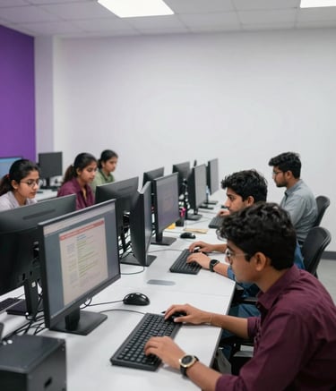 Wide shot photography of a modern, bright computer lab at Lahore College for Women University. South Asian / Pakistani students are collaborating on digital projects. The room features clean white walls and vibrant purple accents.