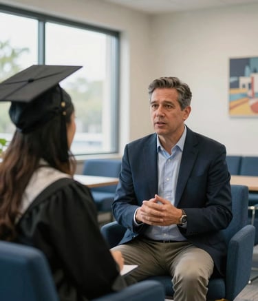 A professional photography shot of a mentor talking to a recent graduate in a modern North American / US / Florida student support office. The setting features professional blue furniture and soft off-white walls with natural light streaming through large windows. The mood is encouraging and trustworthy.