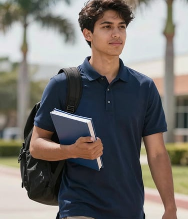 A professional photography shot of a responsible young adult carrying a backpack and textbooks, walking through a bright North American / US / Florida high school or college campus with palm trees. They are wearing a deep navy blue polo shirt.