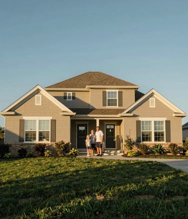 A wide-angle professional photograph of a suburban North American family home with a well-maintained lawn and a strategic, inviting composition, warm late-afternoon sunlight, soft blue and tan tones.
