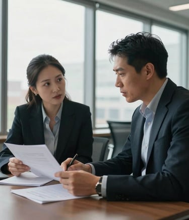 A professional photograph of two business associates in deep discussion over documents in a modern North American office with large windows, soft natural lighting, reflecting a collaborative and solution-oriented mood.