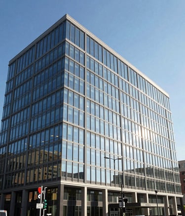 A medium-distance professional photograph of a modern commercial office building with glass windows, reflecting a clear blue sky, located in a clean North American downtown area, bright natural lighting, sharp focus.
