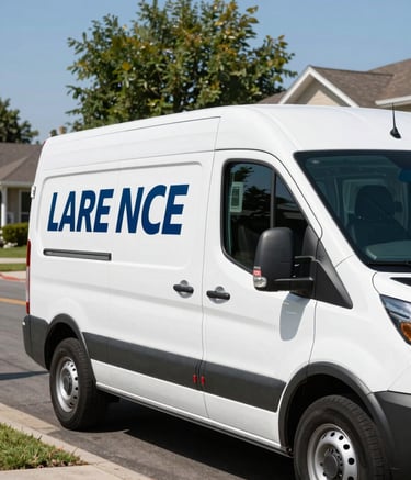 A professional mobile auto glass repair van with clean branding parked on a bright, sunny North American suburban street. The lighting is clear and natural, highlighting a trustworthy and efficient service atmosphere.