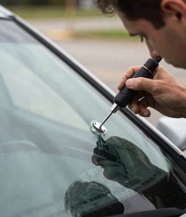 A close-up photograph of a professional technician applying clear resin to a windshield chip using specialized tools. The setting is an outdoor North American location with soft, natural lighting reflecting off the glass.