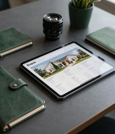 Close-up of a professional desk setup in a North American office, featuring a tablet displaying real estate analytics, a clean leather notebook, and deep charcoal and forest green desktop accessories.