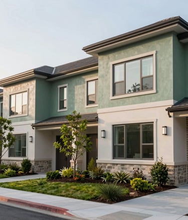 Photography of a modern North American residential complex with clean architectural lines and sage green accent walls, featuring professionally maintained landscaping.