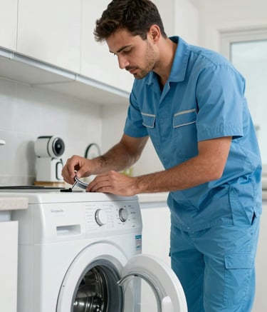 A professional repair technician in a clean uniform standing in a bright, modern Middle Eastern / Gulf apartment kitchen in JLT, Dubai. The technician is inspecting a washing machine with a reliable and focused expression. The color palette features Sky Blue and Ocean Teal.