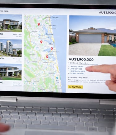 Australian real estate agents reviewing property listings and marketing compliance on desk top computer