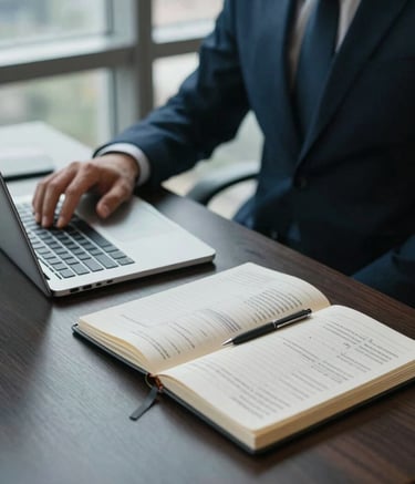 Photography of a modern business desk in a South American corporate setting, showing a hand using a laptop and a neatly organized notebook with financial notes, professional environment, natural lighting from a nearby window, palette of dark navy and soft blue.