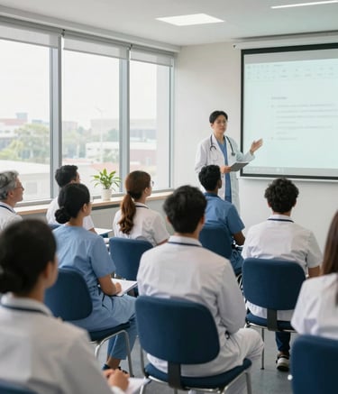 A diverse group of healthcare professionals in a bright, modern seminar room with large windows. The lighting is natural and clear. The interior features soft pearl walls and deep indigo chairs. The subjects are focused on a digital presentation, creating an atmosphere of professional development and academic rigor.