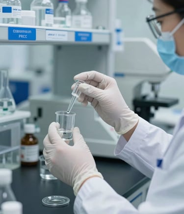A close-up photograph of a pharmaceutical researcher working in a sterile laboratory. They are wearing a white lab coat and gloves, handling glass equipment. The color palette includes sky blue accents from laboratory labels and charcoal tones from modern equipment, set against a bright, clean background.