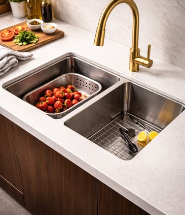 Double bowl stainless steel kitchen sink with gold faucet, strawberries in a colander, and fresh lemons.