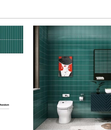 Modern bathroom featuring teal green vertical stack bond kit kat tiles with a glossy finish.