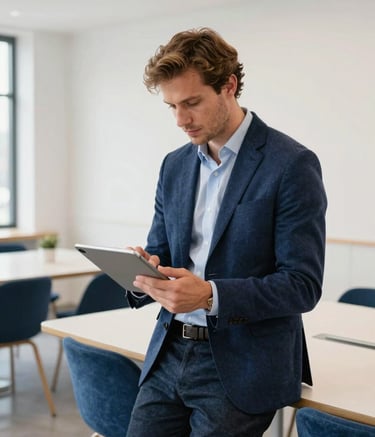 A professional Western European man in a smart-casual navy blue blazer, looking focused while working on a tablet in a bright, modern Dutch co-working space. The environment is clean with steel blue and off-white furniture, reflecting an efficient workspace.