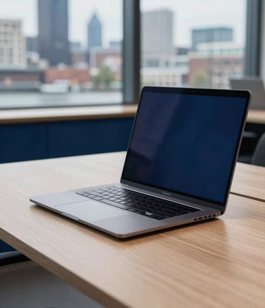 A close-up photograph of a sleek, modern workstation in a Western European office. A high-end laptop sits on a minimalist desk made of light wood. The background shows a blurred view of a Dutch city skyline through large windows. The lighting is bright and natural, with accents of deep dark blue and steel blue in the decor.