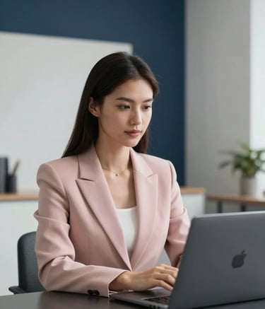 A professional woman wearing a Soft Frost colored blazer sitting in a minimalist office, looking at a laptop screen with a focused and confident expression. The background features clean lines and Midnight Navy accents, radiating professional expertise.