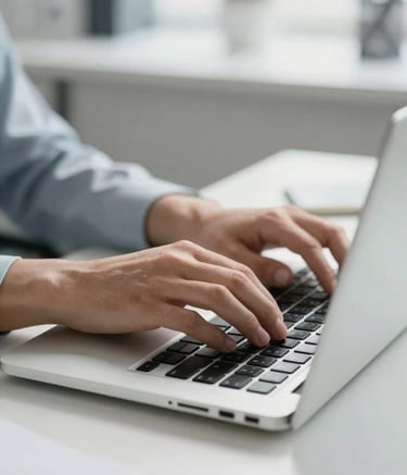A close-up of professional hands typing on a laptop in a bright, modern office. A Pale Steel Blue notebook sits neatly on the side of a clean white desk. The lighting is bright and natural, reflecting a sophisticated and efficient work environment.