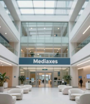 An architectural wide shot of a modern hospital entrance lobby at Mediaxes. Features high glass ceilings, minimalist white furniture, and a calming atmosphere. Soft daylight floods the space. Brand colors #1A2C38 and #F4F8FA are subtly integrated into the interior design.