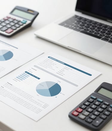 A clean, modern workspace with a laptop, calculator, and neatly organized financial documents. The aesthetic is professional and efficient, utilizing a crisp light background with accents of #7B9DAA and #0A1C29 in the accessories.
