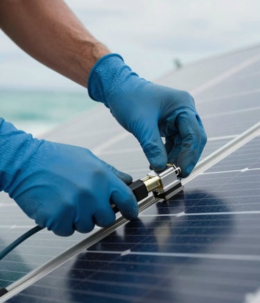 A close-up photograph of a professional technician's hands wearing blue safety gloves while meticulously installing a solar panel connector. The scene is bright and airy under soft cloud white daylight, with the muted ocean teal reflections of the solar cells visible in the background.