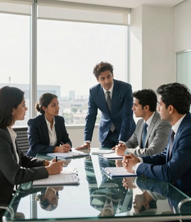 A group of professional consultants in a bright, modern South Asian corporate office, dressed in formal attire, discussing business strategy around a large glass table. Natural sunlight streams in, highlighting a clean and authoritative atmosphere with tones of steel blue and off white.