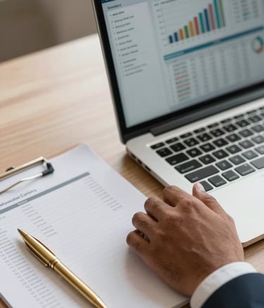 A close-up photograph of a professional hand in a South Asian business setting, using a high-end laptop showing financial analytics. Beside the laptop is a neatly organized folder and a gold-colored pen, emphasizing sophistication, accuracy, and modern technology.