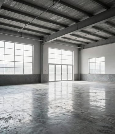 A clean, minimalist interior shot of a large industrial warehouse during renovation. Polished concrete floors, high ceilings with metal trusses in storm grey, and bright natural light from large windows, reflecting a professional atmosphere.