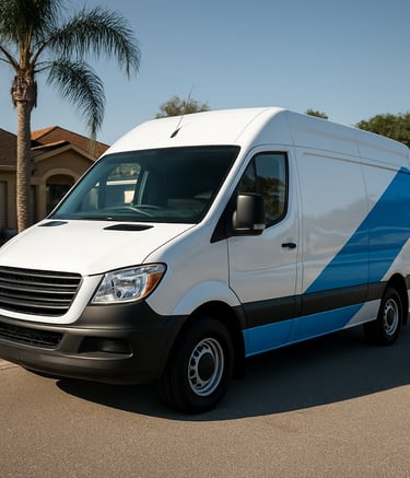 A professional white service van with electric blue branding parked in a sunny North American residential street in Orlando, Florida, clear daylight, sharp focus on the vehicle's reliability.
