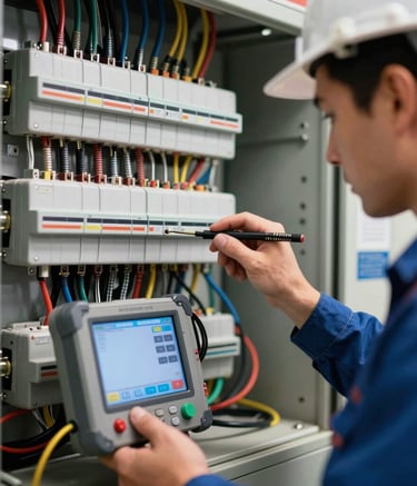 A licensed North American electrician using advanced diagnostic equipment to inspect a complex electrical system, high-contrast lighting emphasizing precision and expertise in a bright technical environment.