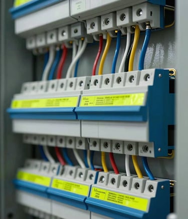 Detailed close-up of a modern electrical panel with perfectly organized wiring, featuring electric blue components and neon yellow labels, reflecting a high-tech system-driven power environment in a North American setting.