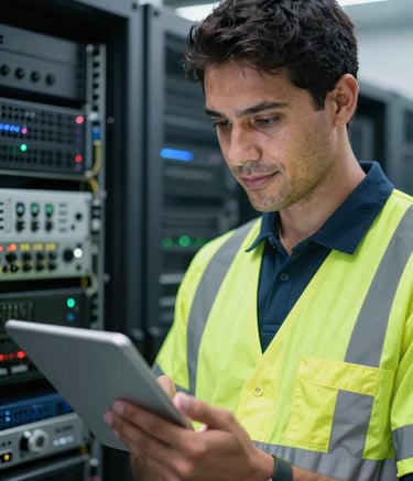 A close-up of a professional technician in a clean, modern data center, wearing high-visibility corporate attire suitable for a South American / Brazilian industrial environment, looking at a tablet with a confident expression, background with soft-focus server racks in dark blue and grey tones.