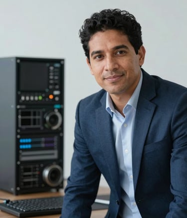 Clean, minimalist portrait of a South American / Brazilian IT executive in professional business attire, leaning slightly forward, with a blurred technical background featuring high-end hardware, colors in dark blue and grey-blue.
