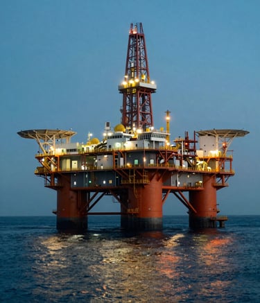 Wide shot of a modern offshore oil platform at dusk, reflecting orange and teal lights on the water, representing a complex infrastructure environment in South America, captured with high professional clarity and sharp focus.