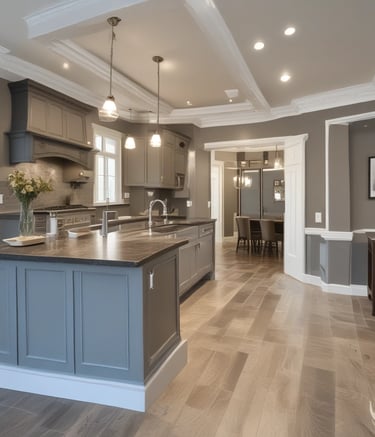 A project manager reviewing blueprints with a homeowner in a bright, partially renovated living room.