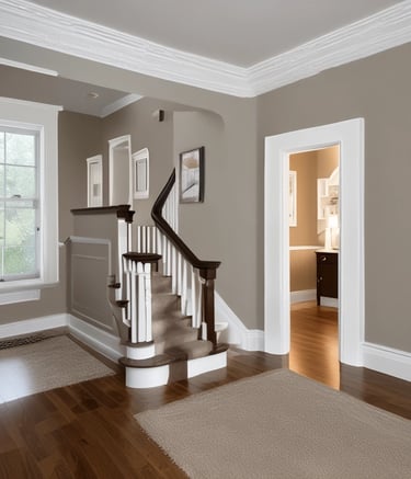 A completed home renovation showing a modern open floor plan with fresh paint and new flooring.