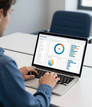 A professional business setting in a bright, modern office. A person in a steel blue shirt is reviewing high-quality data visualizations on a clean laptop screen. The environment features pearl grey walls and deep navy blue furniture, captured in sharp, natural daylight focus.