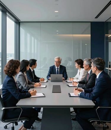 A minimalist, high-end meeting room with glass walls. A group of professionals are engaged in a serious discussion around a pearl grey table. Deep navy accents are visible in the decor, with a soft daylight glow highlighting the professional and vanguard atmosphere.