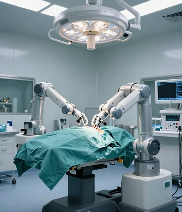 An advanced robotic surgery operating room, clean and sterile environment with futuristic medical technology, cinematic lighting, Global / International Medical Tourism context, dominated by steel gray and teal tones.