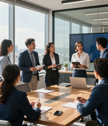 Photography of a diverse group of Latin American professionals in a collaborative meeting. They are standing around a modern wooden table in a bright office with glass walls. Natural sunlight mixed with Sky Blue and Dark Navy branding elements. Wide shot, high-end commercial style.